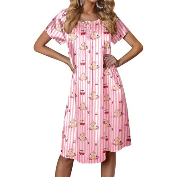 Women's Satin Pleated Nightgown Sleep Dress Pink Bears - Picture 1 of 5